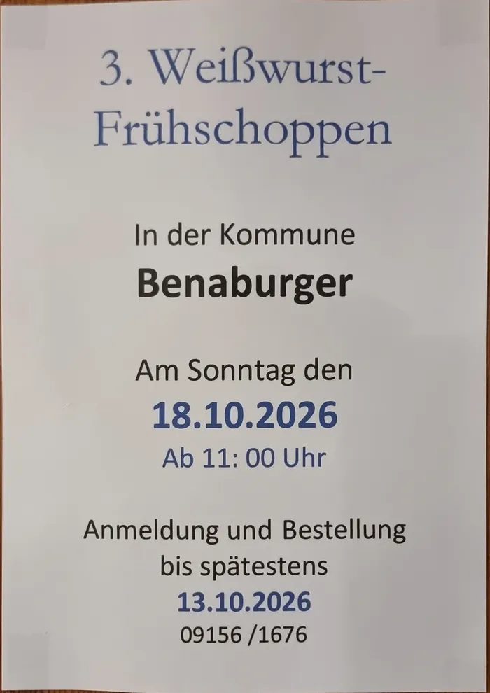 Aushang zum 3. Weißwurstfrühschoppen in der Kommune Benaburger am 18. Oktober 2026