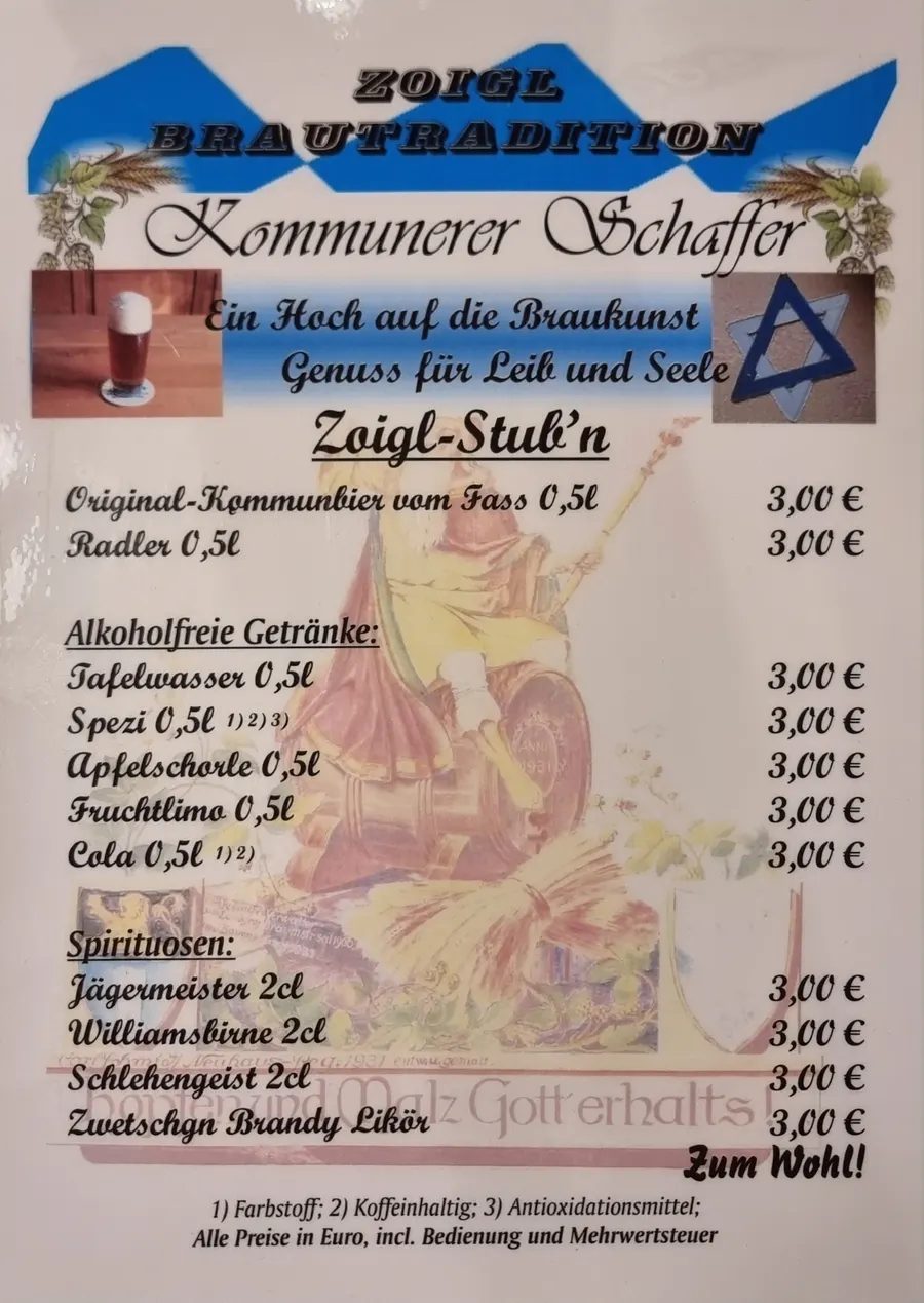 Getränkekarte der Schaffer-Kommune, Zoigl-Stub'n